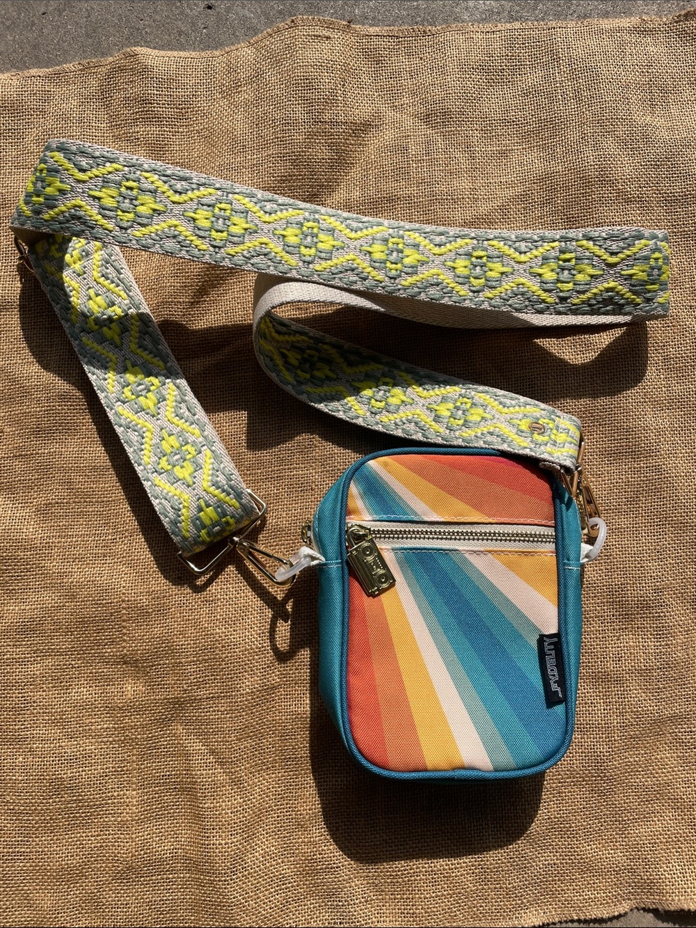 Retro Fydelity Mini Brick Bag crossbody with a retro rainbow design Custom Strap